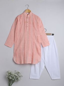 Little Clothings - Pleated Kurta With Collar Neck Paired With A Pyjama Peach (Set of 2)